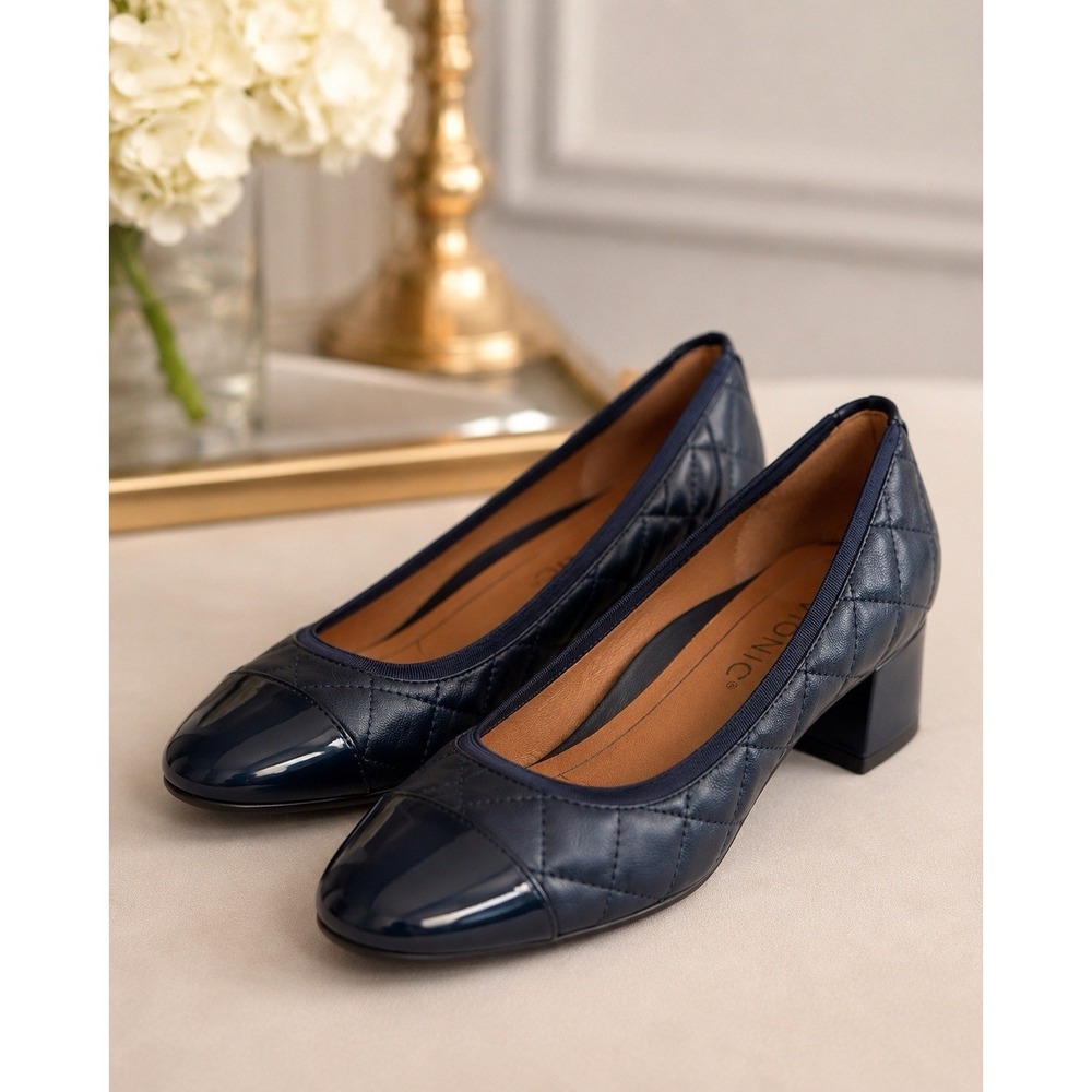 Vionic‎ Ruby Quilted Navy Blue Block Heel Comfort Shoes Women's US Size 6.5